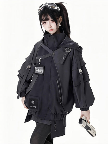 Black Buckle Straps Elastic Cuffs Waist Hooded Jacket Short/Long Version