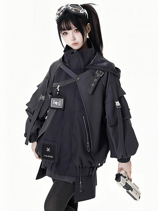 Black Buckle Straps Elastic Cuffs Waist Hooded Jacket Short/Long Version