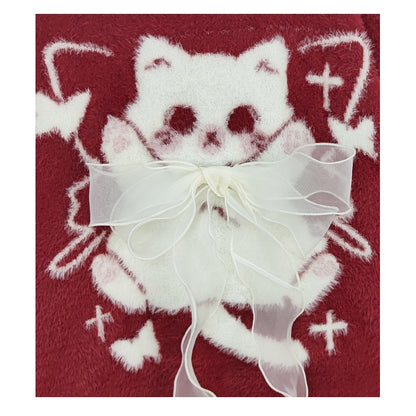 Red Cat Pattern Bow Accent Distress Trim High Neck Cozy Sweater