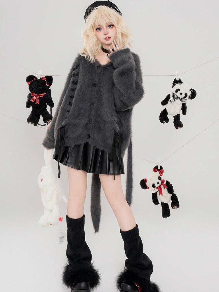Dark Grey Lace-up Detail Bunny Ears Fluffy Hooded Cardigan