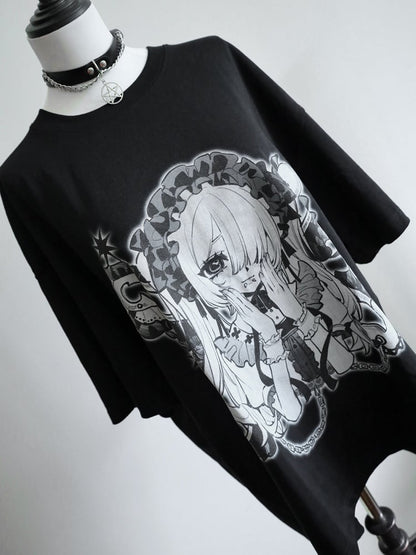 Hals SchwarzWeiß Kei Jirai Runddruck Cartoon Mädchen T-Shirt