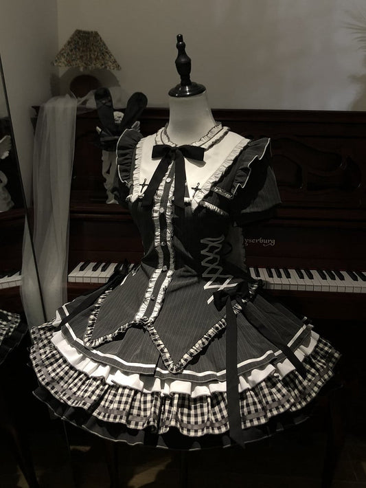 with Ears Collar Striped Dress Dark Lolita at Gothic Bunny Short Sleeves Gray Back