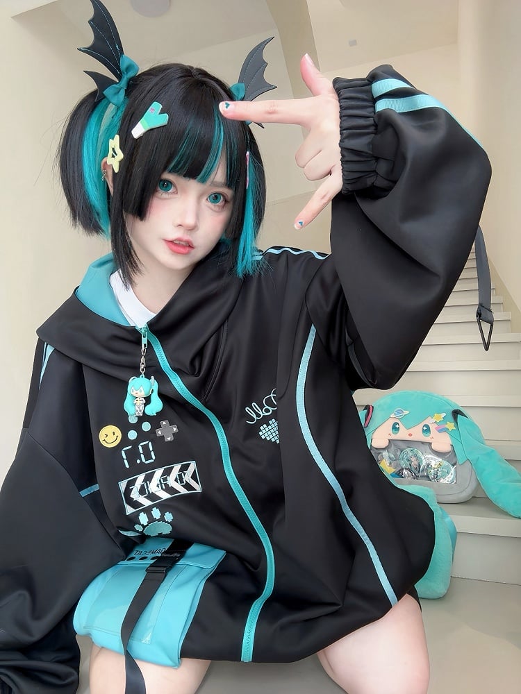 Hooded Techwear Black Futuristic Jacket Blue and Cyberpunk