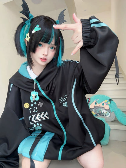 Hooded Techwear Black Futuristic Jacket Blue and Cyberpunk