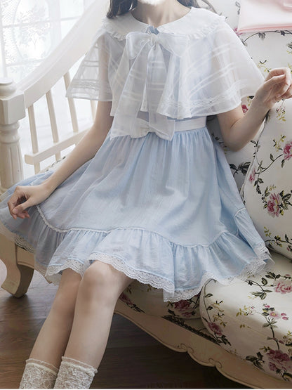 Jirai Kei Light Blue Peter Pan Collar Cape Design Faux Two-pieces Dress