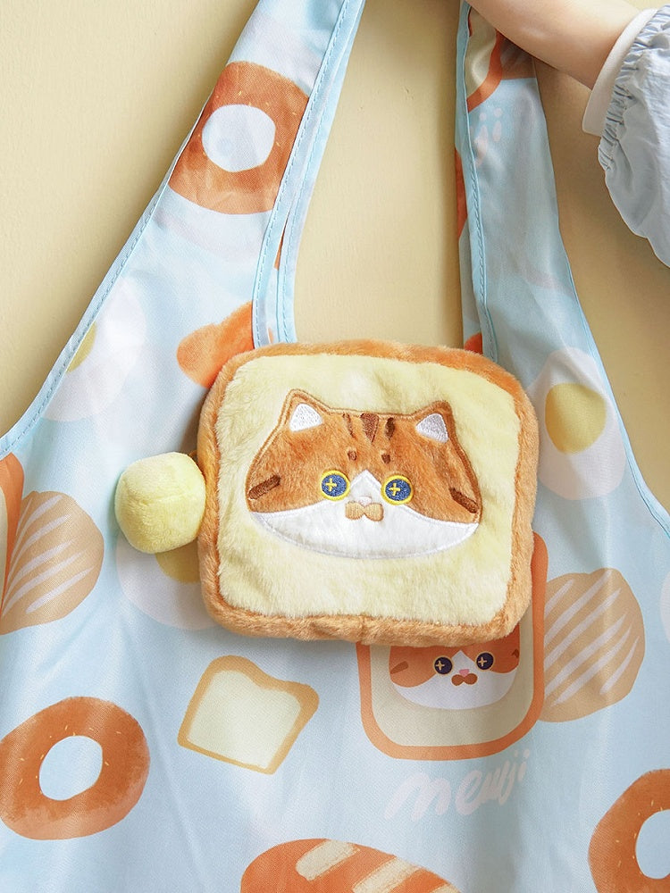 Cute Cat And Bread Print Blue Shoulder Bag