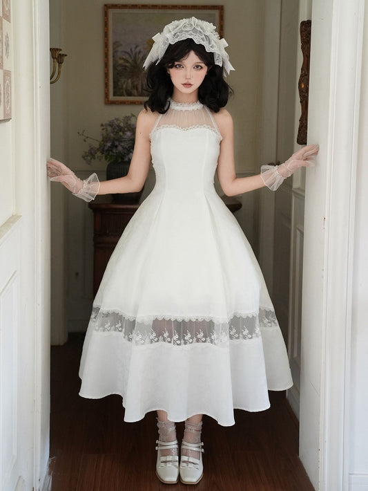 Lace Jacquard Illusion All Rosette Halter Neck White Prom Dress Panels Fabric