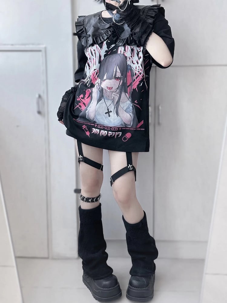 Jirai Kei Black Anime Girl Yami Kawaii T-shirt with Fake Collar Set