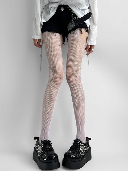 White/Black Fishnet Tights Suspender Decorated Rhinestone