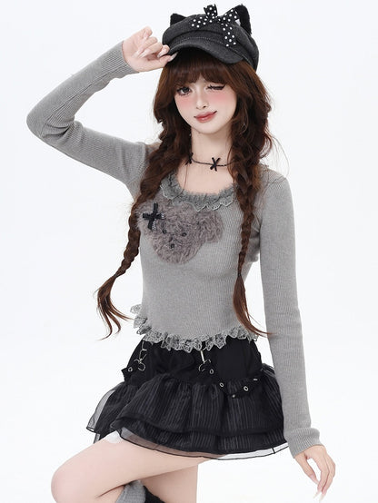 White/Grey/Black Plush Puppy Applique Lace Trim Knit Top