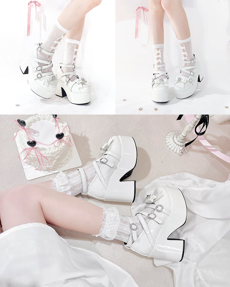 Polished White Jirai Kei Bow Rhinestone Platform High Block Heels