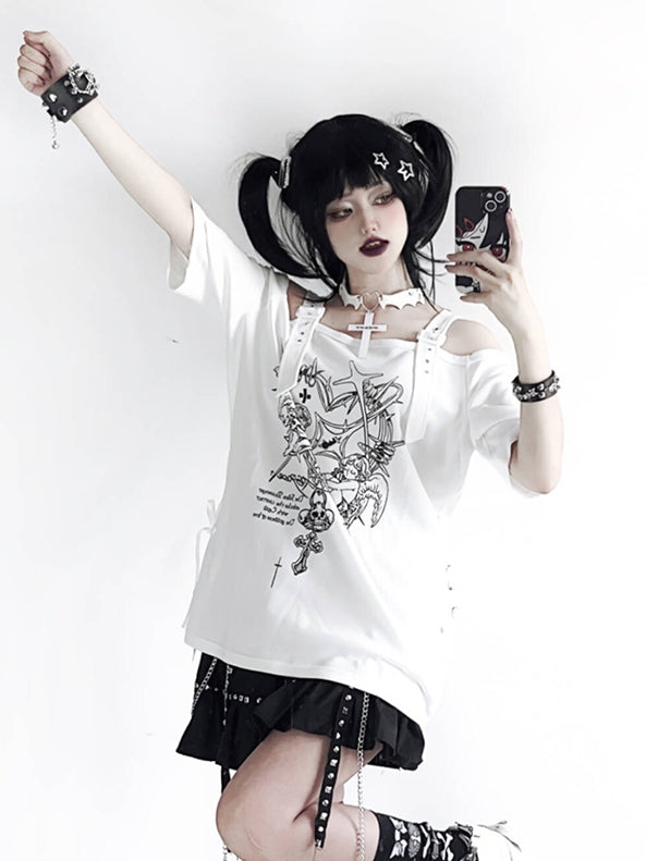Black/White with T-shirt Gothic Off-Shoulder Choker Y2K Free Angel Heavenly