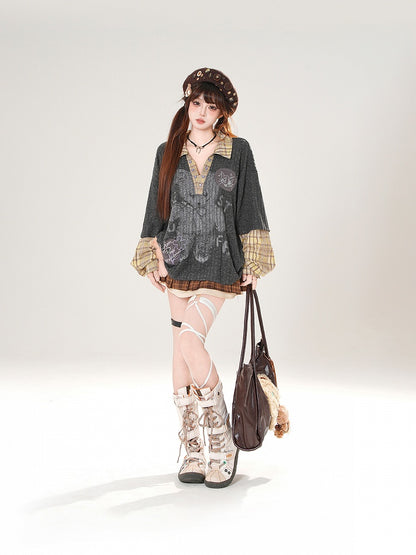 Dark Gray V-Neck Top with Bear Print and Plaid Patchwork Knit