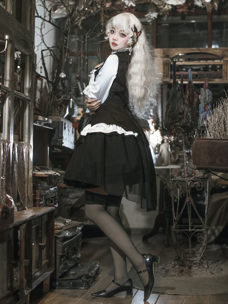 White and Black Gothic Lolita Outfit Shirt + Cross Charms Curved Hem Waistcoat + Spider Web Fabric Skirt Full Set