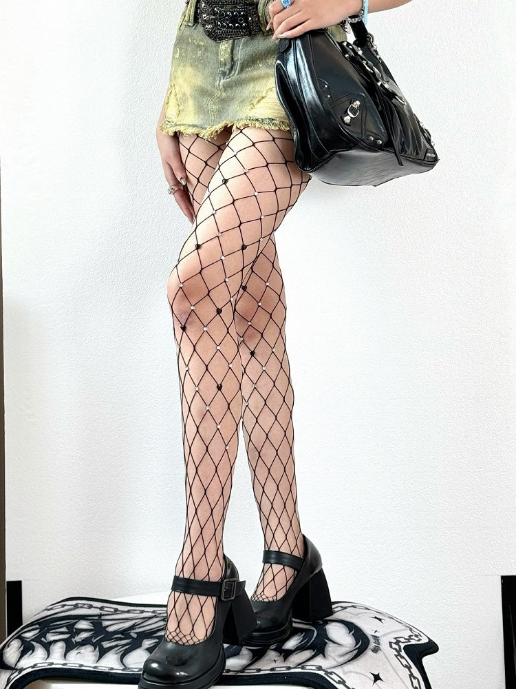 Red/Black Tights Fishnet Decorated Y2K Rhinestone Design