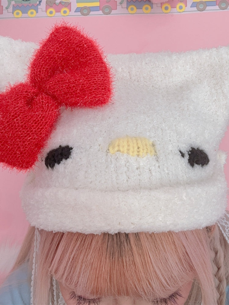Bonnet tricoté à nœud papillon Y2K avec motif chaton