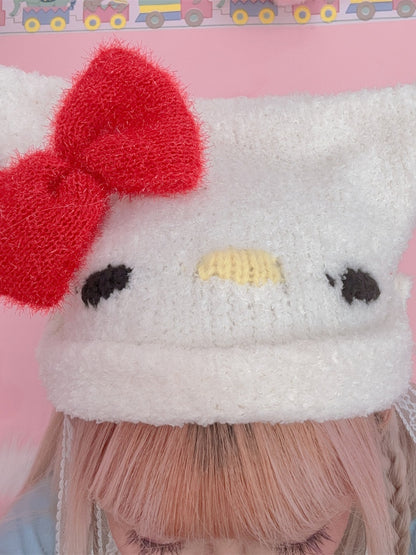 Bonnet tricoté à nœud papillon Y2K avec motif chaton