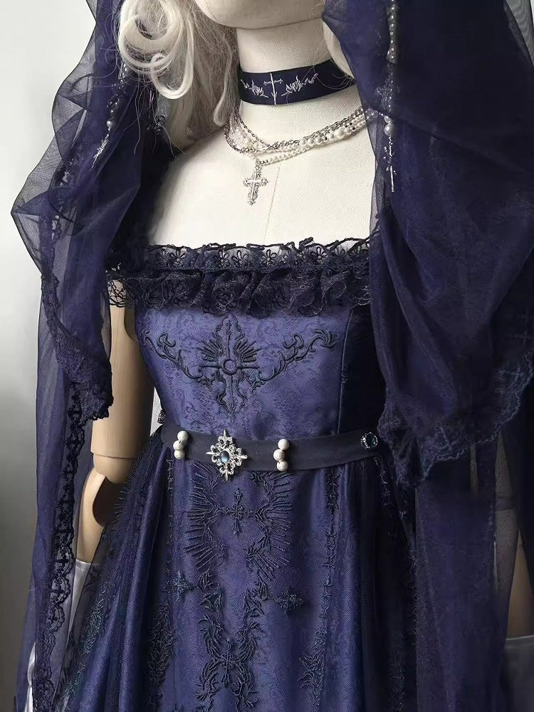 Red/White/Dark Blue/Gray  Gothic Lolita Cross Embroidery Choker