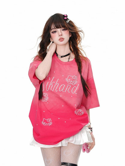 Blue/Rose Red Round Neck Kitty Rhinestone Loose T-Shirt