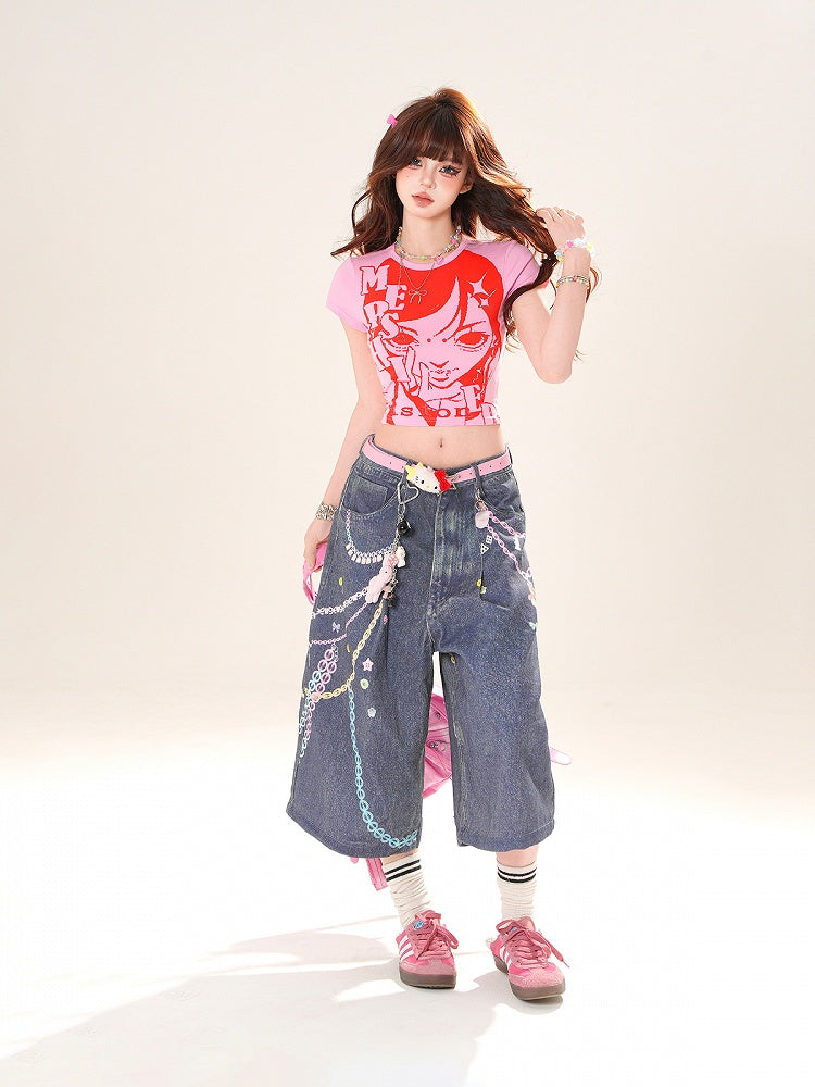 Pink Round Anime Girl Print Cropped T-Shirt Neck