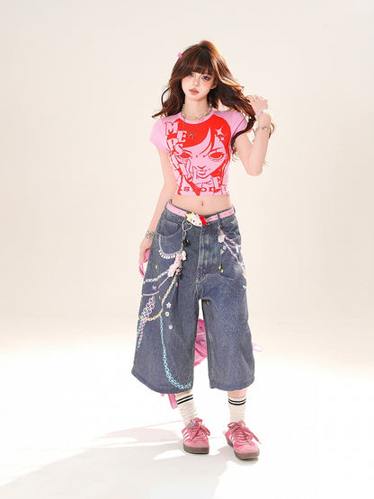 Pink Round Anime Girl Print Cropped T-Shirt Neck