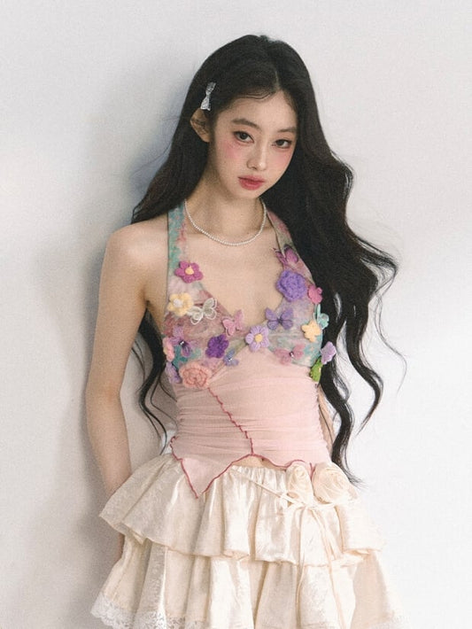 Floral Embellished Pink Lettuce Hem Top Knitted Halter Neck