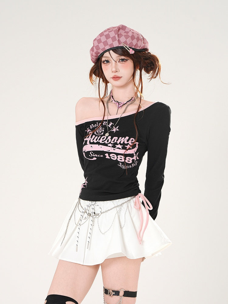 Black/White Asymmetrical Neckline Drawstring Waist Graphic Top