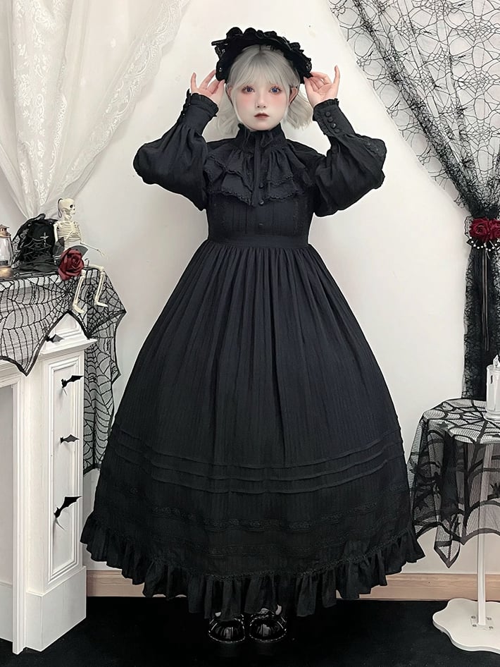 Gothic Long Sleeves Kuro Lolita Waist Black High All Dress