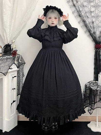 Gothic Long Sleeves Kuro Lolita Waist Black High All Dress