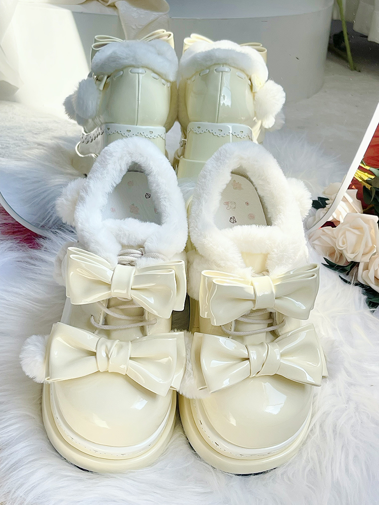 Lolita Creamy Yellow Cute Heart Bowknot Platform Shoes With Pompons