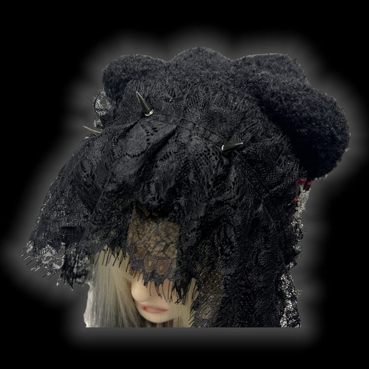 Gothic Black Studs Adorned Lace Trim Cross Charm Knit Hat