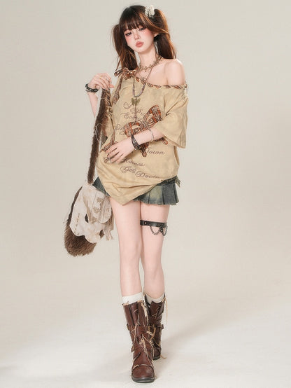 Appliques Brown/White Asymmetrical Glamorous T-shirt Plaid Butterfly Bittersweet Neckline