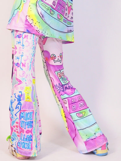 Cartoon Silhouette Pants Flare Print Y2K Colorful