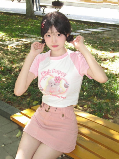 White Pink Cute Puppy Print Cropped Top