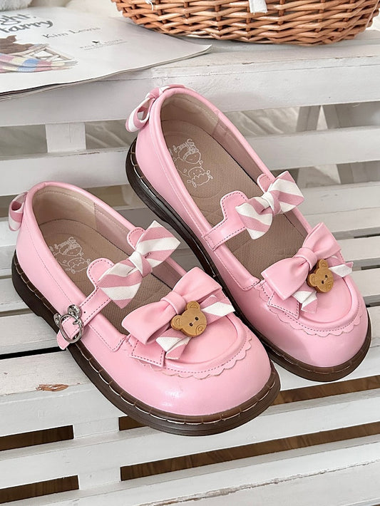 - 2cm Sweet with Uniform Striped Flats Pink Bow PU Lolita Sole