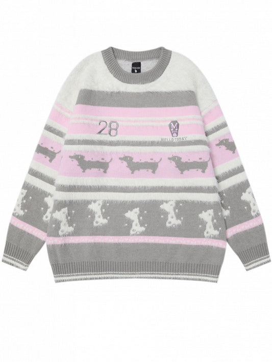 Pink and Grey Cute Dachshundsand Bones Round Neck Striped Sweater