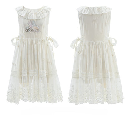Side Self-tie Fawn Embroidery Chiffon Overdress Neckline with White Semi-Sheer Ruffle Straps