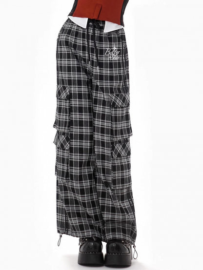 Black and Grey Letters Cargo Pockets Design Plaid Pants