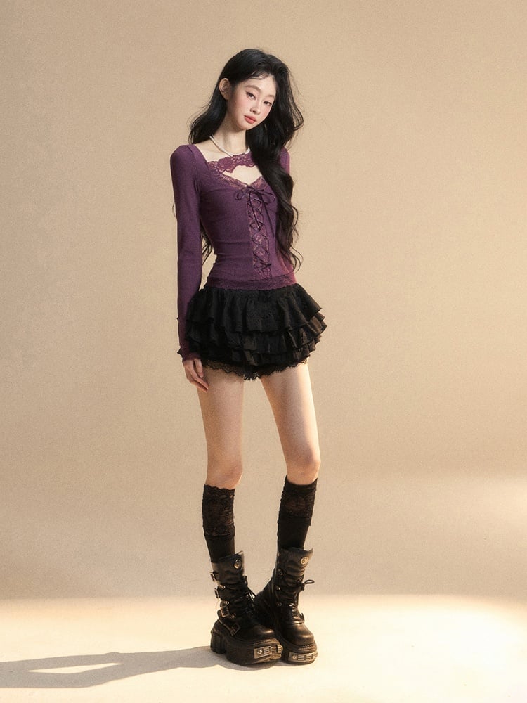 Glamorous Top with Lace-up Purple V-Neck Contrast Lace Patches Detail Front at