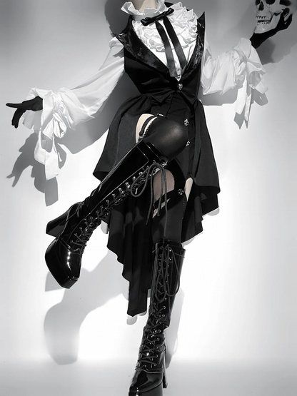 Black Blazer Lolita Prince Ouji Waistcoat Cascading Ruffle Collar Tailed