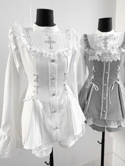Matching Detachable Set: Bow Lace-Up Bell Sleeve with Waist Shorts Coord Kei Dress White Bib Tie Jirai