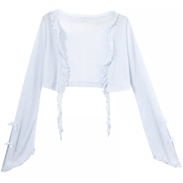 Trim Light Blue Bowknot Cuffs Details Open Placket Chiffon Cardigan Ruffle
