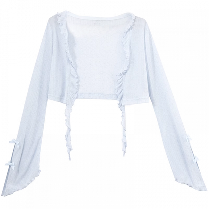 Trim Light Blue Bowknot Cuffs Details Open Placket Chiffon Cardigan Ruffle