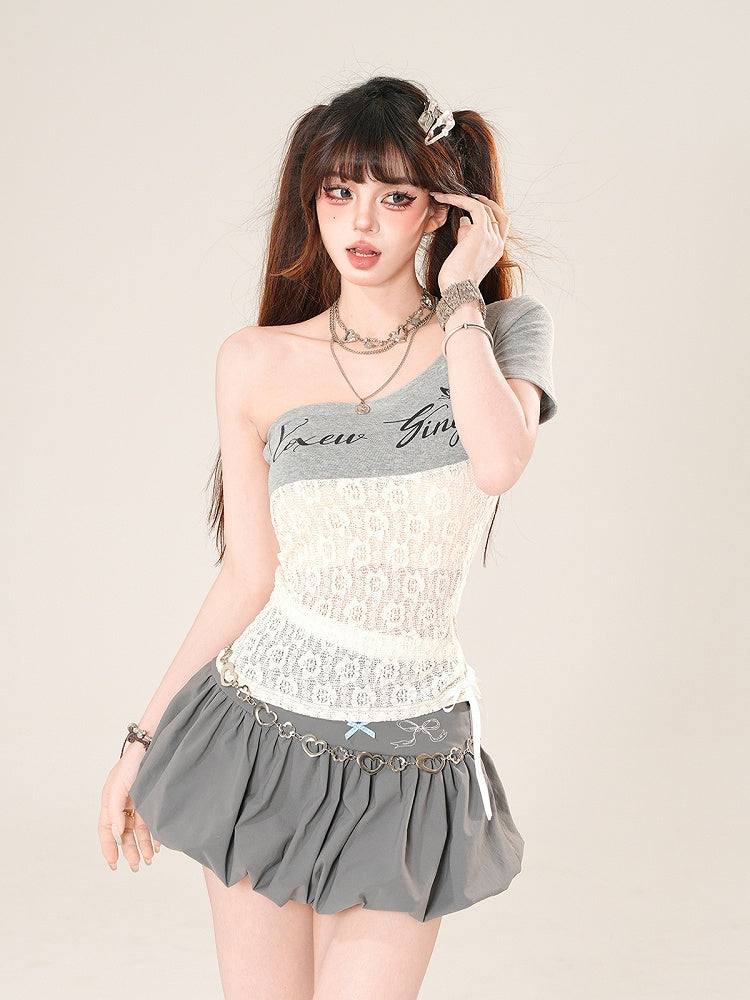 Lace-up Asymmetrical Neckline Contrast Lace Patches Side Gray T-Shirt