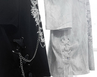 Choker T-Shirt Ribcage Gothic Shoulder Chain Coffin Print with Zip Detachable Convertible Black