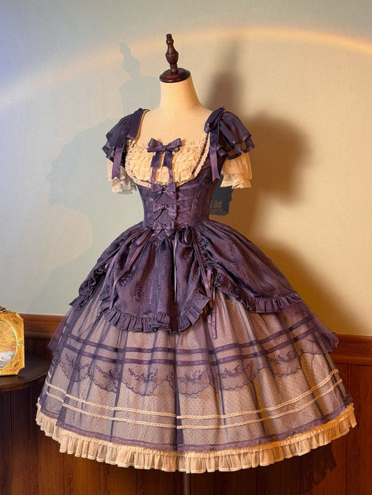Robe Lolita classique violette à encolure carrée et plumes en jacquard avec cordon de serrage