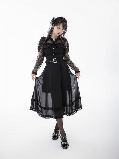 Skirt with Buckle Belt Black High Waist Mesh Overlay