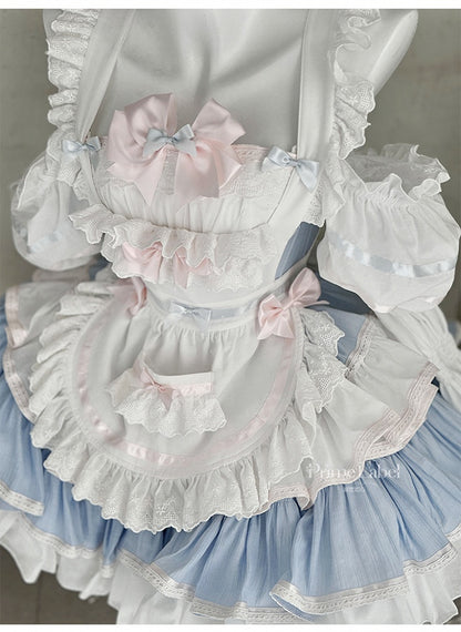Blue and Pink Sweet Maid Apron + Basque Waist Tiered Ruffles Hem Strapless Puffy Dress
