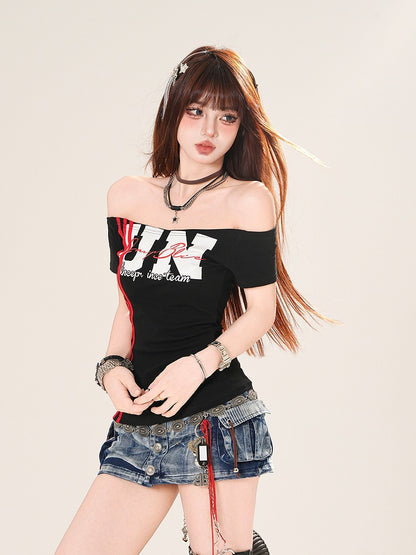 Weiß/Schwarz T-shirt Ausschnitt Brief Druck Off-the-shoulder