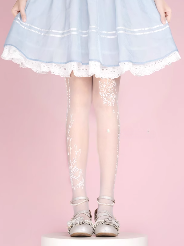 White Semi-sheer Rosette Print Lolita Tights